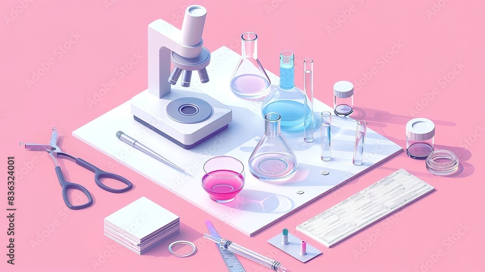 Isometric illustration of a science laboratory with microscope, beakers, and other equipment. Isometric illustration of a science laboratory with microscope, beakers, and other equipment.