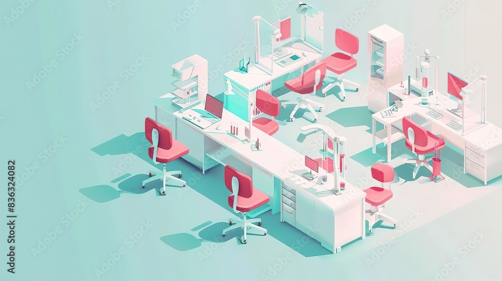 Isometric illustration of a modern office workspace with desks, chairs and computers. Isometric illustration of a modern office workspace with desks, chairs and computers.