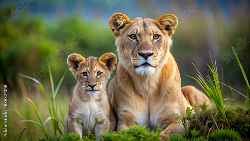 Lioness and young lion cub