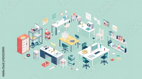 Isometric illustration of a messy office workspace with various office supplies and furniture.