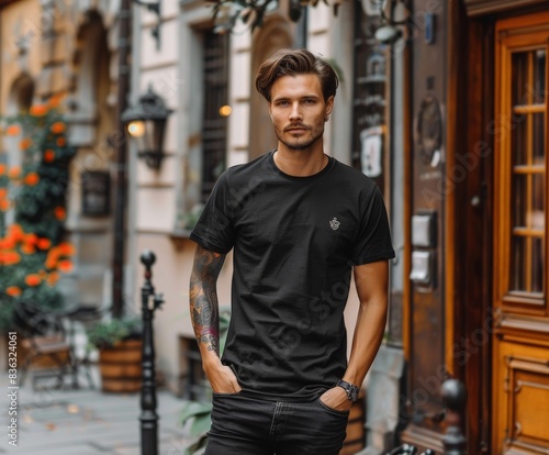 Man Wearing Black T-Shirt With Subtle Design in City Street