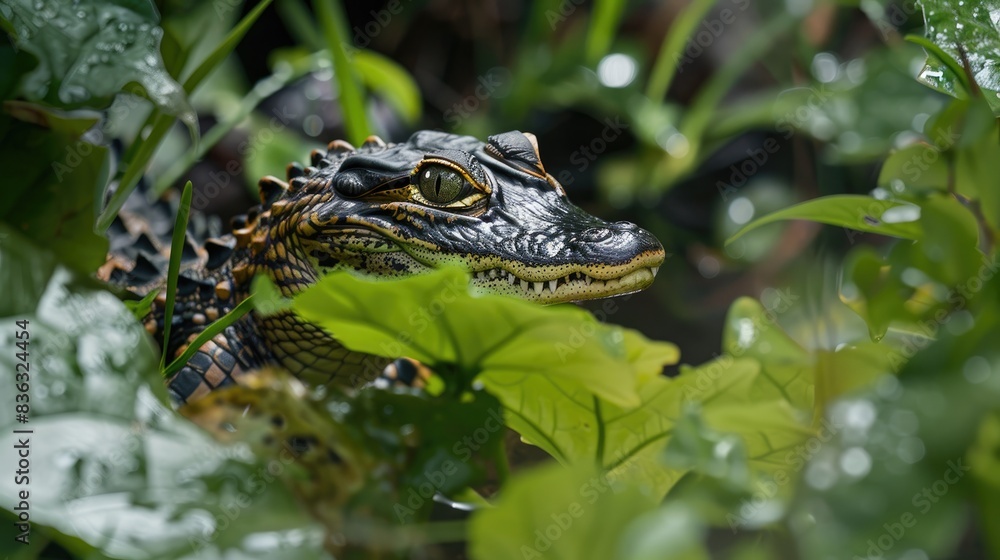 Naklejka premium Baby alligator camouflaging in its surroundings