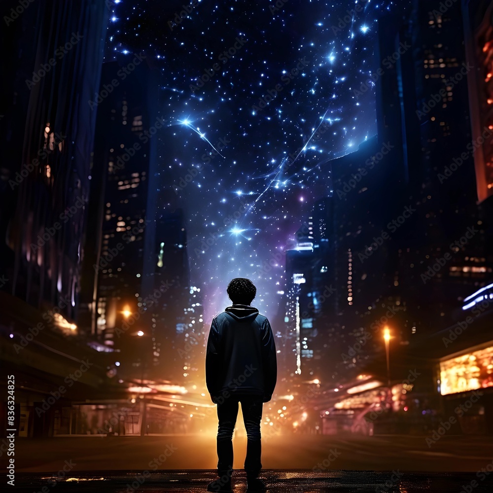 Young Man Standing in a Neon-Lit City at Night Young Man Standing in a Neon-Lit City at Night