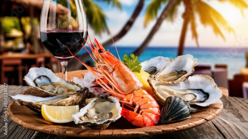 A plate of seafood with a glass of wine on the table  AI
