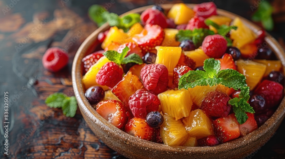 Bowl of healthy fresh fruit salad on wooden background.