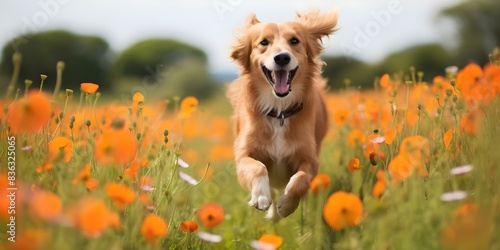 Joyful Canine Frolicking in a Sunlit Meadow. Concept Dog Photography, Nature Background, Pets, Happiness, Lifestyle Portrait photo