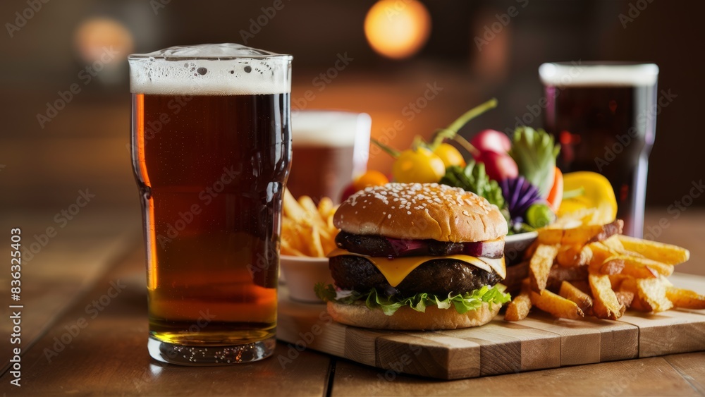A burger and fries on a cutting board next to two beers, AI A burger and fries on a cutting board next to two beers, AI