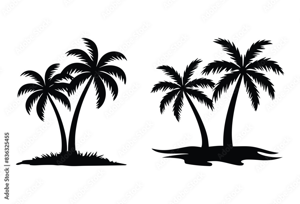 A set of Palm tree vector silhouette isolated on a white background, Tropical palm tree black clipart. Tropical palm tree