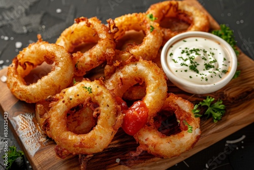 Crispy Onion Rings With Mayonnaise and Tomato Sauce on Wooden Board