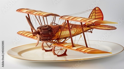 Visualize an elegant, flying pastry inspired by the Wright brothers plane using vibrant colors and detailed textures, blending culinary art with aviation history