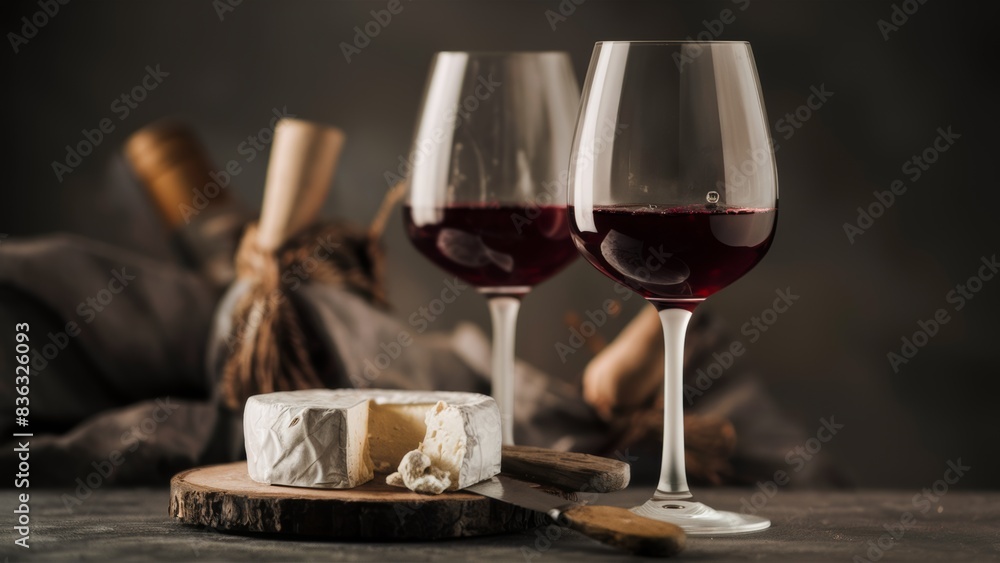 Two glasses of wine and a piece of cheese on the table, AI Two glasses of wine and a piece of cheese on the table, AI