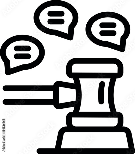 Black and white line art of a gavel with speech bubbles, depicting an auction or legal decision