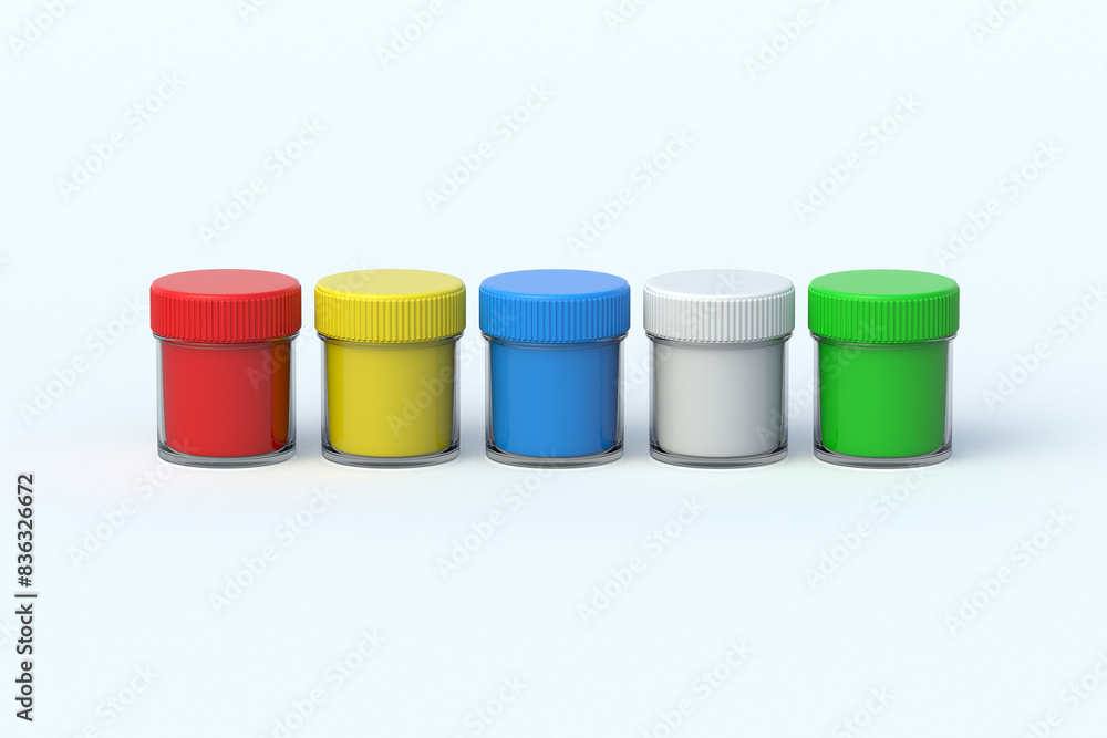 Row of colorful gouache paints in jar on gray background. School accessories. Equipment for hobby and education. Drawing training. 3d render