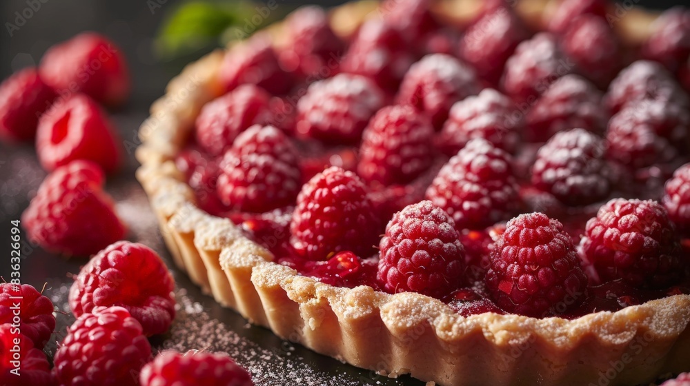 Ripe Raspberry Tart With Flaky Crust on Dark Background Ripe Raspberry Tart With Flaky Crust on Dark Background