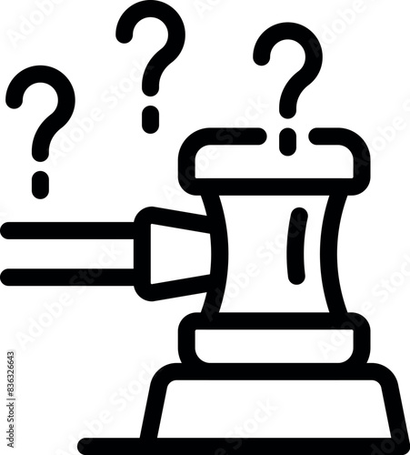 Black and white vector graphic of a judge's gavel surrounded by question marks, symbolizing legal uncertainty