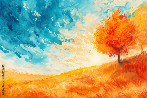 Bright gouache paint fall day pattern scenic view. Color hand drawn acrylic on paper canvas brushstroke card vintage design style. Fresh cool eco autumn season peace sun fluffy shape sunset wallpaper
