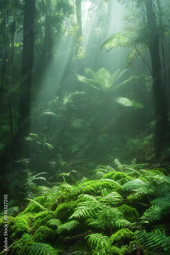 In the wilderness, sunbeams penetrate dense rainforest foliage, illuminating a mystical, scenic landscape.