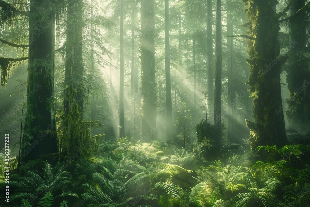Obraz premium Within mystic woods, sunbeams filter through lush foliage, painting a fantastical morning landscape.