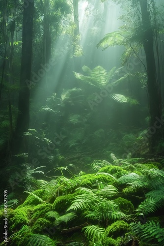In the wilderness  sunbeams penetrate dense rainforest foliage  illuminating a mystical  scenic landscape.