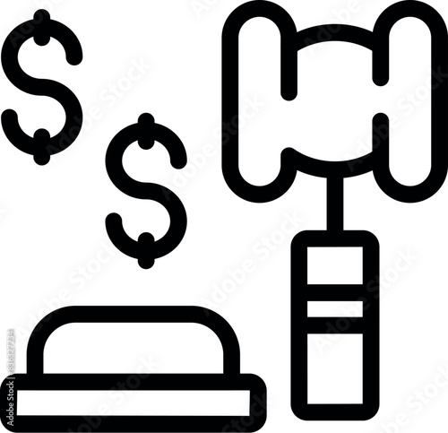 Black outline icon of a judge's gavel with money symbols, representing legal fees or financial judgments
