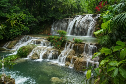 In the exotic rainforest  a pure waterfall cascades into a cool stream  amidst lush greenery.