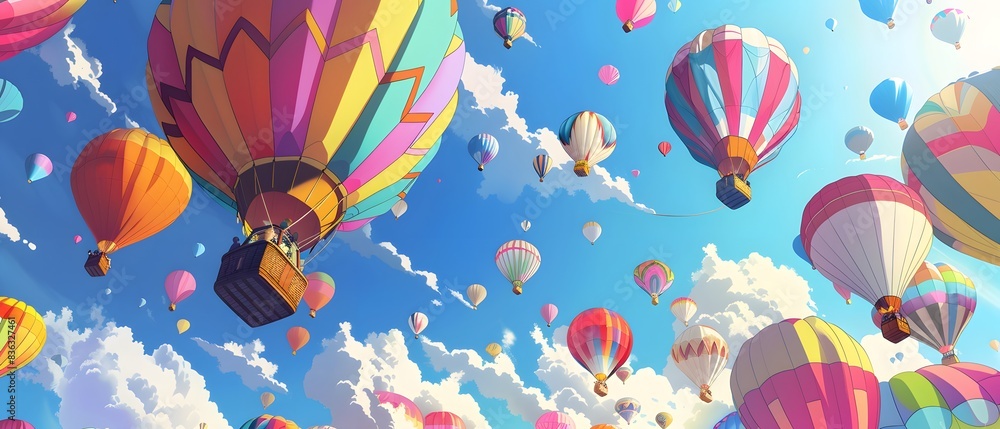 Obraz premium Depict a cascade of colorful hot air balloons ascending into the sky, viewed from a low angle Utilize vibrant hues and intricate details in a digital illustration