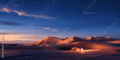 In the idyllic desert  a campfire illuminates the wilderness under a starry night sky.