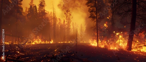 Capture a wide-angle view of futuristic technologies amidst a raging wildfire in a forest setting Experiment with unexpected camera angles to evoke a sense of urgency and chaos