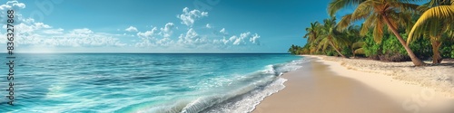 Relaxation on a tropics shore with ocean waves  sandy beach  and blue sea under a sunny sky.