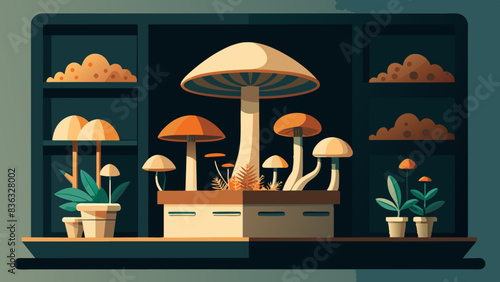 Indoor Mushroom Grow Shelf with Houseplants Illustration