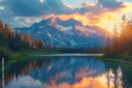 Panoramic scenery of mountains and a lake at dusk, reflecting nature's beauty.
