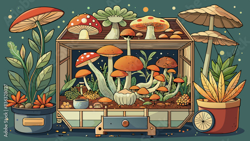 Enchanting Terrarium with Vibrant Mushrooms and Houseplants Illustration