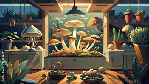 Enchanting Indoor Mushroom Garden Illustration