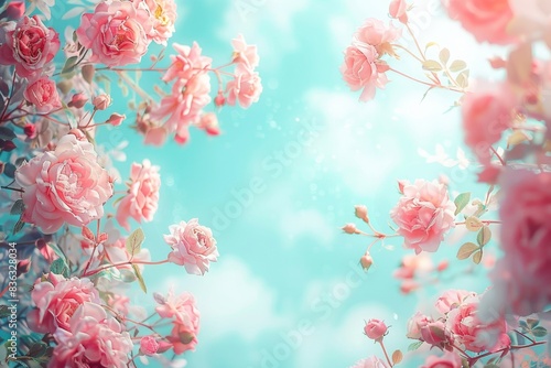 Pink Roses and Peonies Blooming Against a Blue Sky