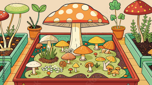 Vibrant Illustrated Mushroom Garden with Assorted Plants