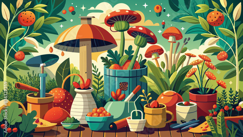 Enchanted Garden Scene with Colorful Plants and Whimsical Mushrooms