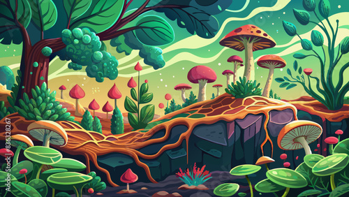 Enchanted Forest Scene with Whimsical Mushrooms and Lush Flora