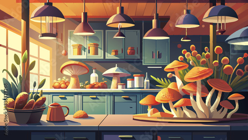 Cozy Kitchen Interior with Warm Lighting and Mushroom Decor