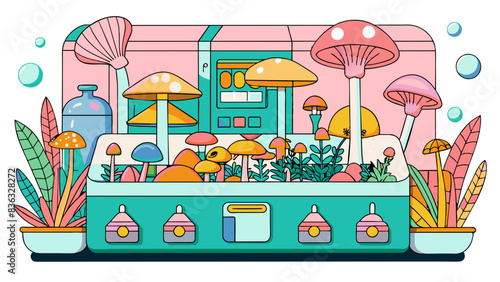 Colorful, Underwater-Themed Indoor Mushroom Cultivation Illustration