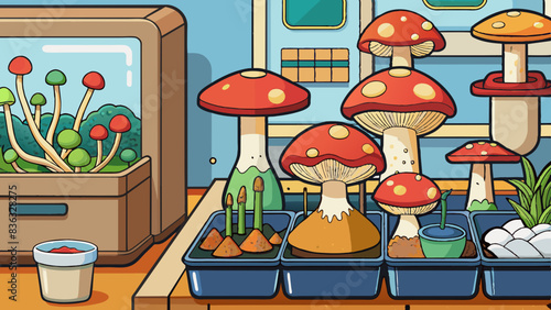 Colorful Indoor Mushroom and Succulent Garden Illustration