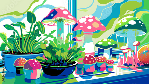 Vibrant Indoor Garden with Whimsical Mushroom Decor