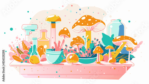 Vibrant Illustrated Mushroom Cultivation and Botany Scene