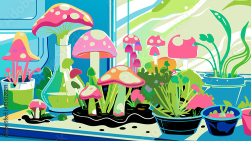 Colorful Illustration of Indoor Mushroom Garden with Potted Plants