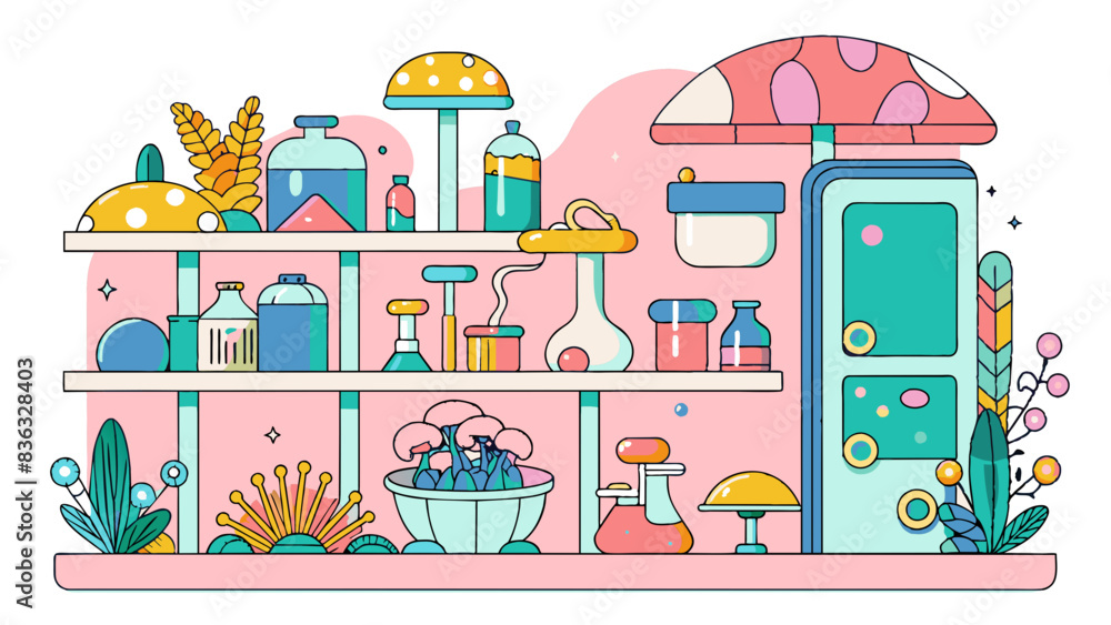 Naklejka premium Whimsical Illustrated Science Lab with Colorful Equipment and Flora