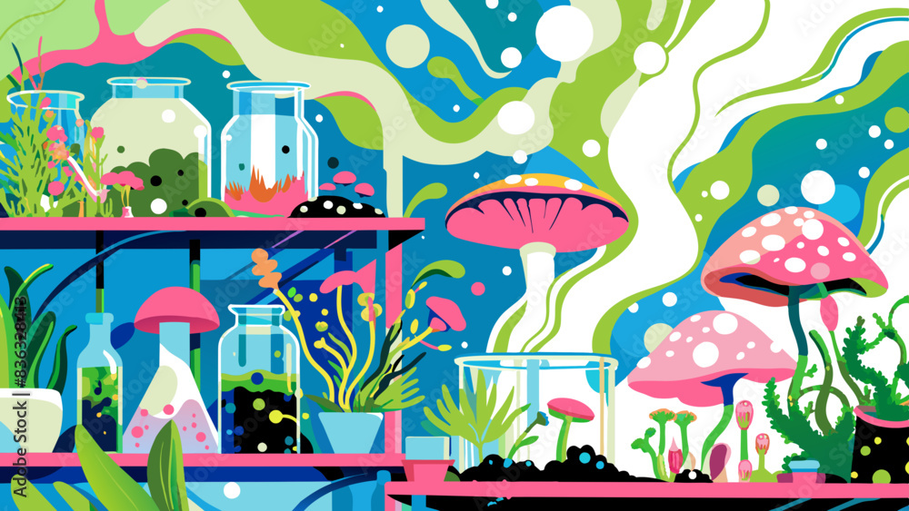 Vibrant Fantasy Laboratory with Mushrooms and Magical Flora Vibrant Fantasy Laboratory with Mushrooms and Magical Flora