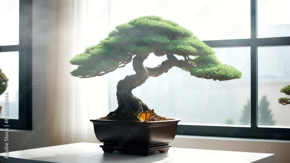 Butterflies on the bonsai tree on the table Butterflies on the bonsai tree on the table