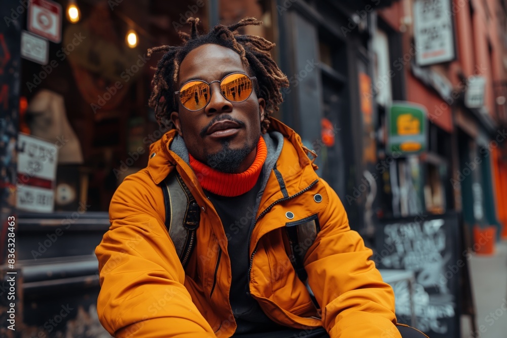Confident, trendy African guy with dreadlocks and backpack, sitting stylishly in an urban street. Confident, trendy African guy with dreadlocks and backpack, sitting stylishly in an urban street.