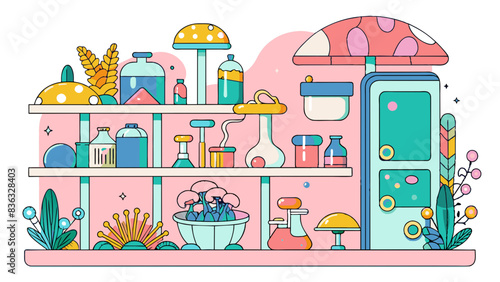 Whimsical Illustrated Science Lab with Colorful Equipment and Flora