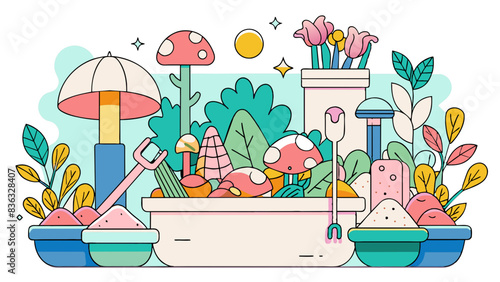 Whimsical Garden Scene with Colorful Mushrooms and Tools