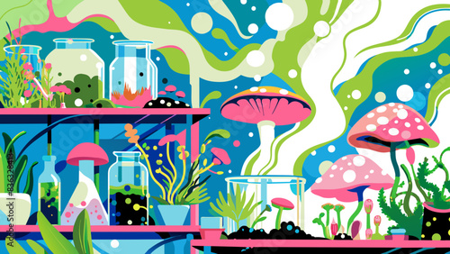 Vibrant Fantasy Laboratory with Mushrooms and Magical Flora